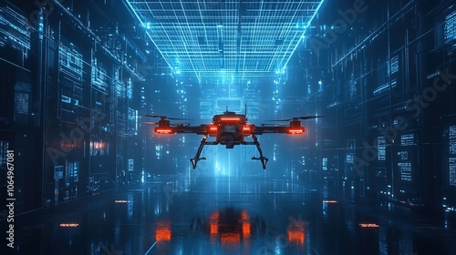 Futuristic Automated Drone in a High-Tech Facility with Blue Neon Grid Sky