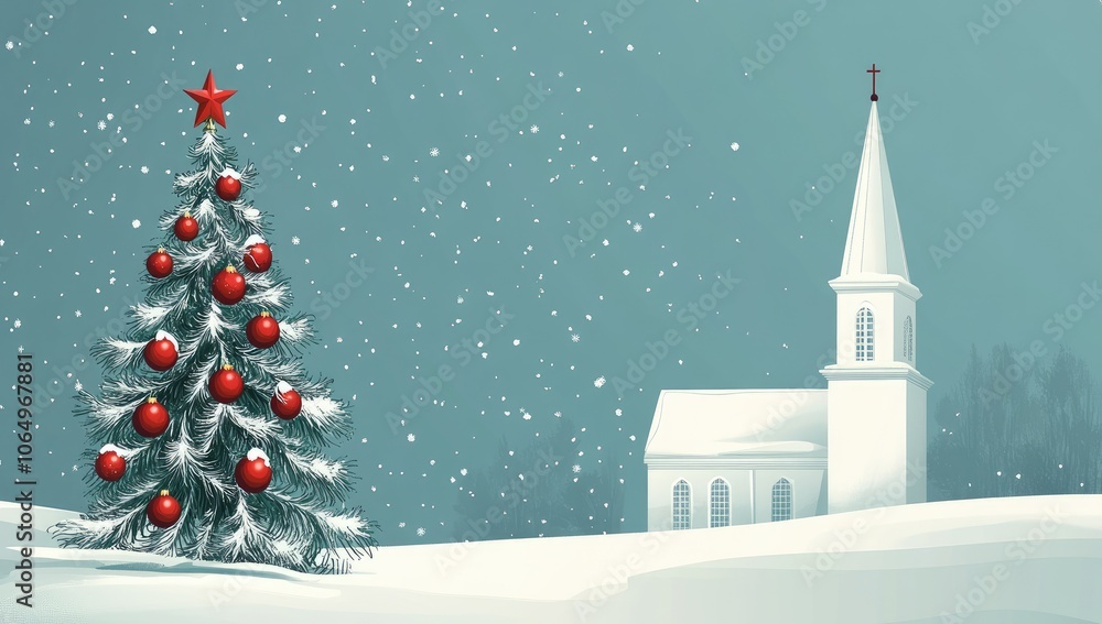 Vector Illustration of Christmas Tree with Red Berries and Lights and Church on Blue Background with White Snowfall, Festive Holiday Design