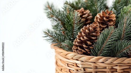 Festive basket filled with pine cones and evergreen branches on a white background. photo