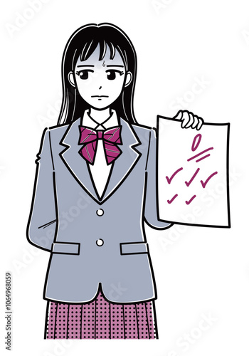 気まずい表情で0点の答案用紙を持つブレザーの女子高生（上半身・シンプル）