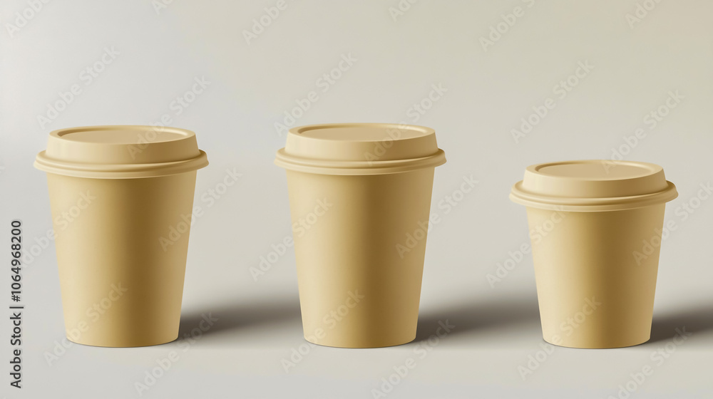 Set of four realistic beige paper coffee cups with plastic lids, in different sizes. Set of four realistic beige paper coffee cups with plastic lids, in different sizes.