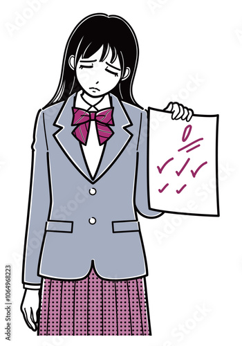 0点の答案用紙を持ってうなだれるブレザーの女子高生（上半身・シンプル）