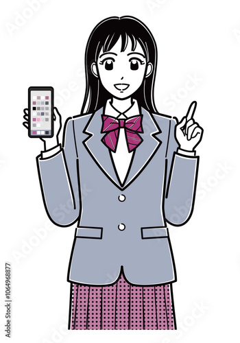 スマホを持って指差しポーズで話すブレザーの女子高生（上半身・シンプル）