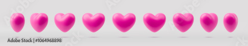 3D heart rotation. Animated pink heart set. Love symbol turn around for game animation, sequence sheet effect for video, greeting card. Valentines Day vector illustration isolated on white