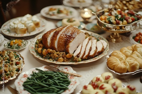 A Table Set With a Carved Roasted Turkey and Accompanying Dishes