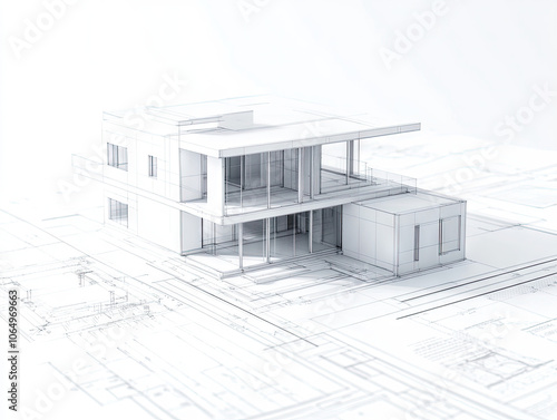 3d model of a house on blueprint