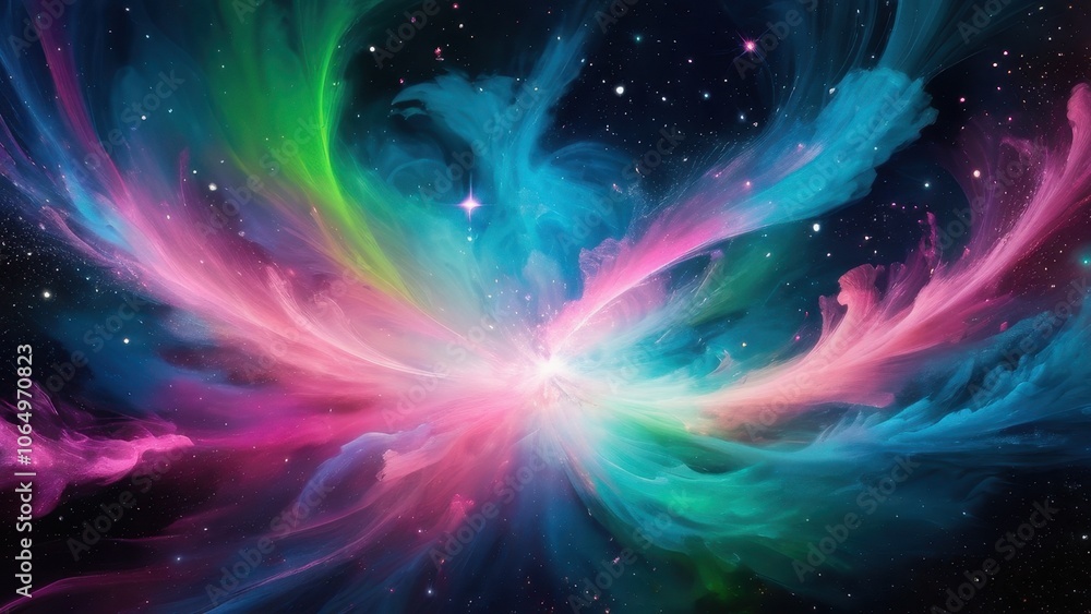 Vibrant cosmic swirl of colors resembling a nebula, showcasing shades of pink, green, and blue against a starry background, perfect for space-themed designs Vibrant cosmic swirl of colors resembling a nebula, showcasing shades of pink, green, and blue against a starry background, perfect for space-themed designs