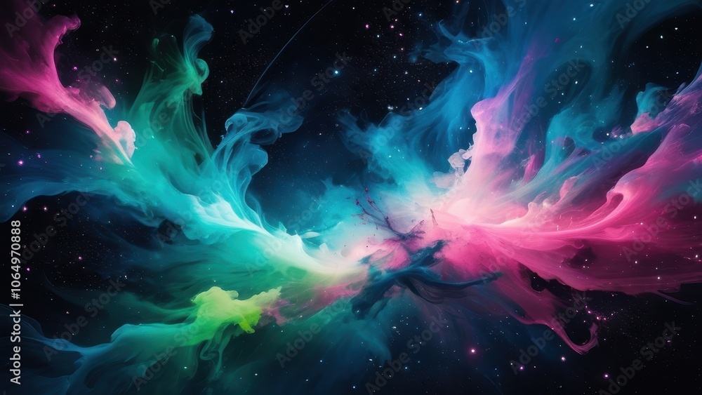 Fototapeta premium Vibrant cosmic swirl of colors resembling a nebula, showcasing shades of pink, green, and blue against a starry background, perfect for space-themed designs