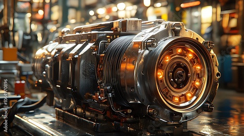 Futuristic engine with glowing lights on a metal table.