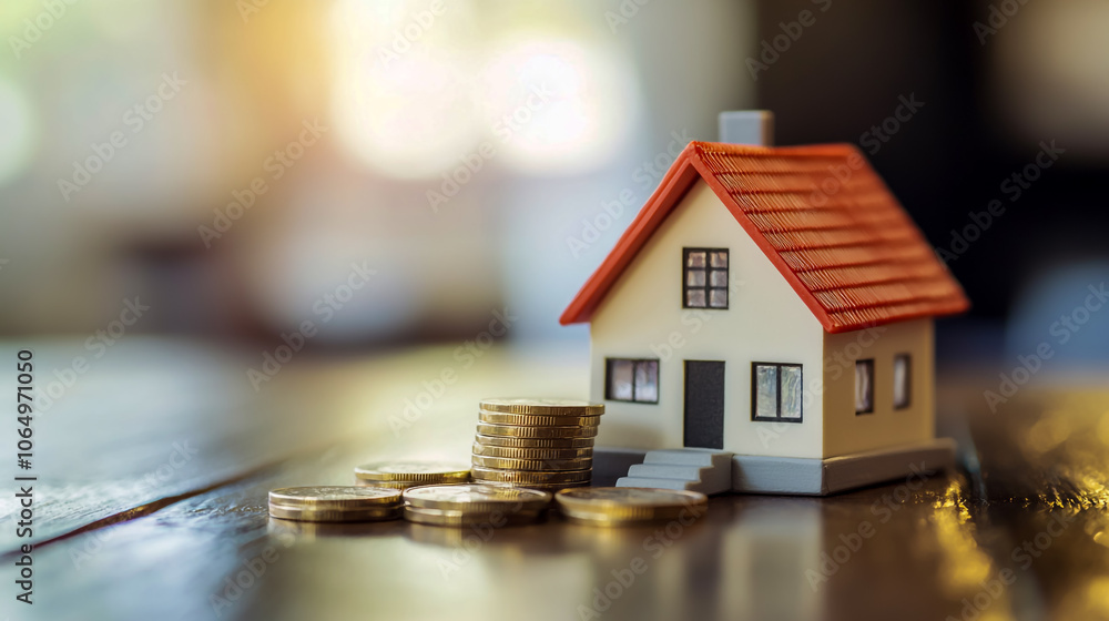 Small house model and coins on a wooden table, representing real estate with copy space. Small house model and coins on a wooden table, representing real estate with copy space.