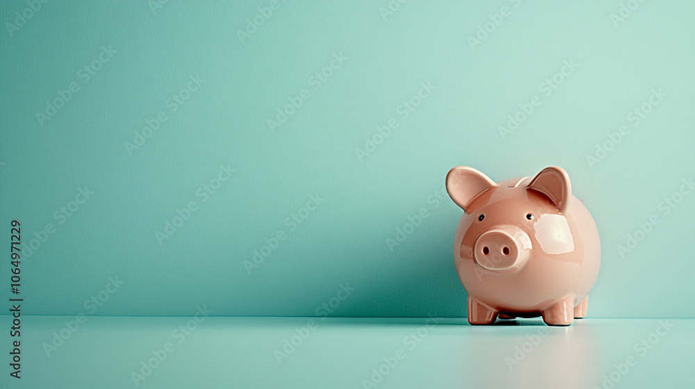 Pink piggy bank on blue background - money, savings, frugality, economy horizontal banner Pink piggy bank on blue background - money, savings, frugality, economy horizontal banner