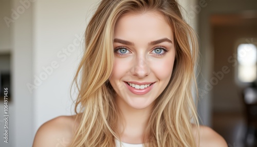 Portrait of a smiling woman with long blonde hair in bright indoor light.