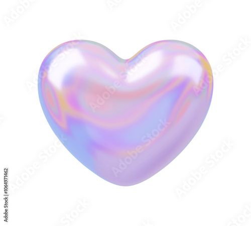Holographic vector heart. Hologram love element for wedding, Valentines Day, love concept. Heart 3d shape romantic symbol. Realistic chrome heart icon isolated on white