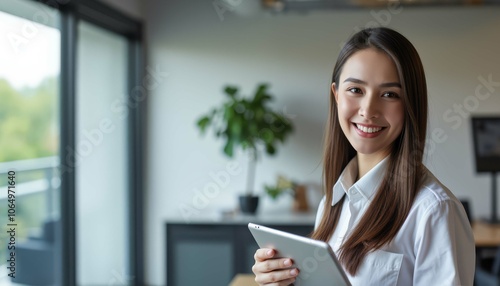 Free Download Young woman smiling while holding a tablet in a modern office setting. - GFXLoad