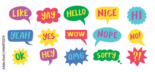 Thought bubbles handwritten words expressions, comic chat stickers collection. Speech clouds set. Funky typography design element, retro style messages. Like, yes, No, Wow and Ok.