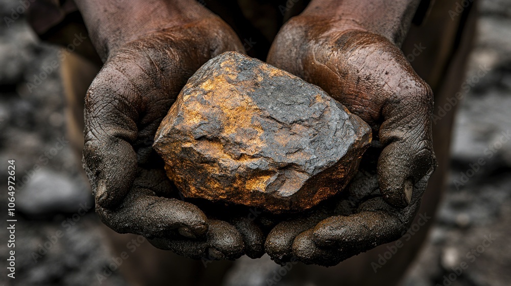 A close-up of a miner’s hands holding a piece of raw gold ore freshly extracted from the ground A close-up of a miner’s hands holding a piece of raw gold ore freshly extracted from the ground