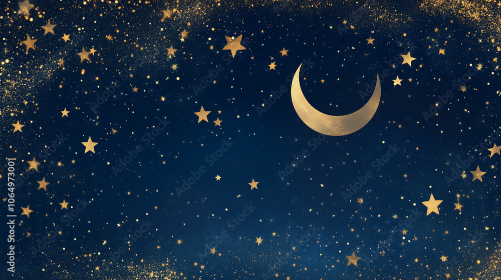 Naklejka premium Starry Night Background with Crescent Moon and Gold Stars