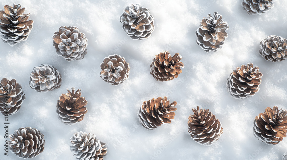 Pinecones scattered on snow-covered ground Pinecones scattered on snow-covered ground