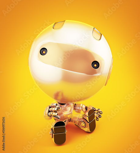 Adorable golden robot sitting down with a playful demeanor on a vibrant yellow background, featuring detailed mechanical components and large eyes photo