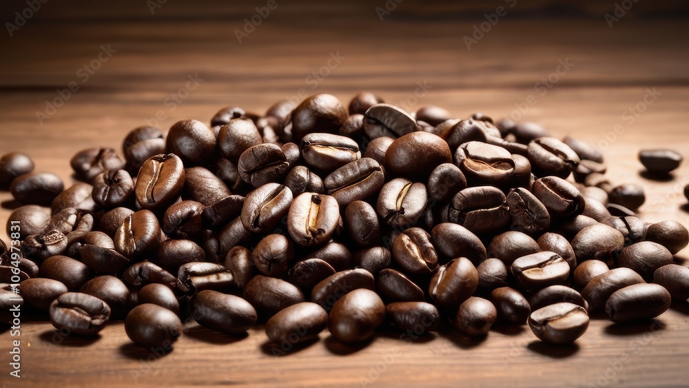 Fototapeta premium A close-up of freshly roasted coffee beans arranged in a pile, showcasing their rich color and texture, perfect for coffee lovers and culinary themes