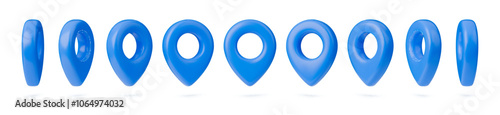 Set of blue geotags. Vector illustration of locator pins. Navigation, travel guide icon, tourist navigator. Isolated location marker on white background