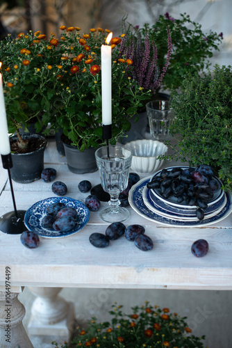 Beautiful fall table dinner table setting: chrysanthemum flowers in pots, burning candles and prunes on the table with blue vintage plates pile