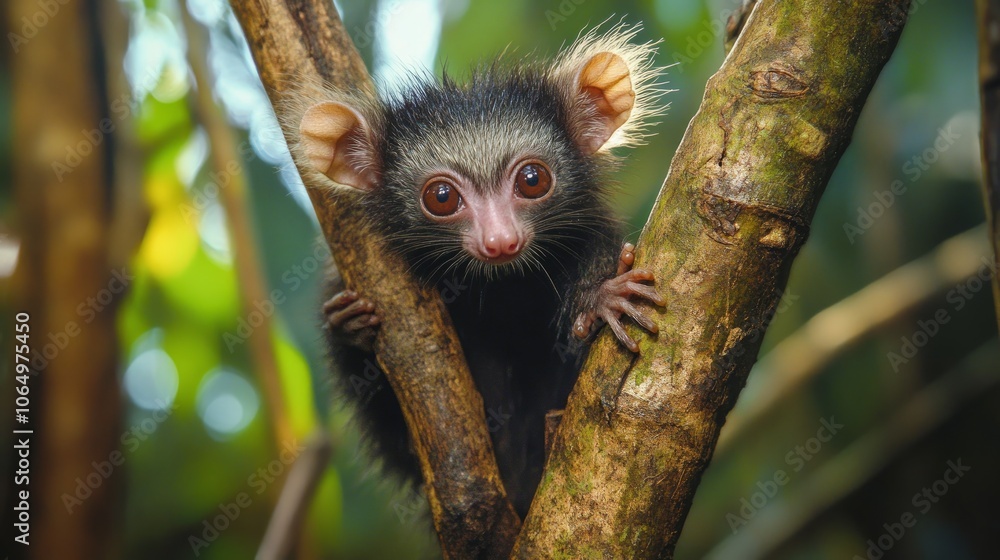 Fototapeta premium A small, furry lemur with large eyes and ears, clinging to a tree branch in a rainforest.