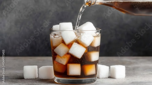 A refreshing drink poured over ice cubes, showcasing a glass filled with dark liquid and sugar cubes for sweetness. photo