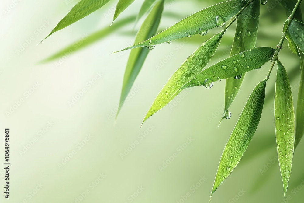 Obraz premium Close-up of fresh green bamboo leaves with water droplets, creating a serene and calming nature backdrop for various projects.