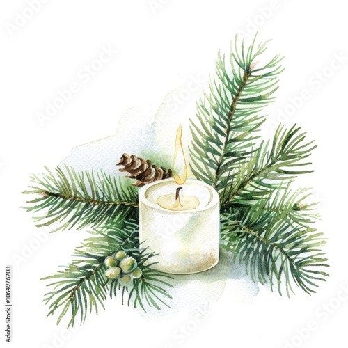 Watercolor Christmas Candle with Pine Needles and Red Berries