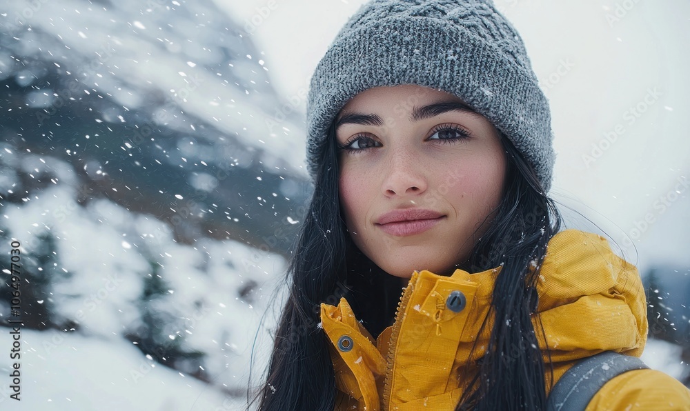 Young woman wearing a yellow jacket and gray beanie in a snowy mountain landscape with falling snow Generative AI Young woman wearing a yellow jacket and gray beanie in a snowy mountain landscape with falling snow Generative AI
