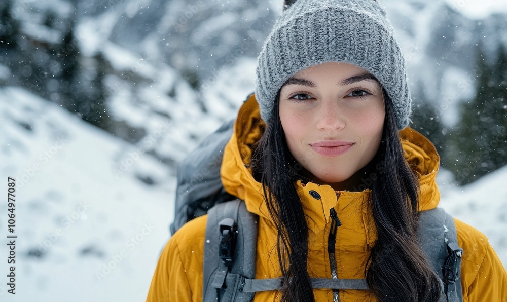 Young woman wearing a yellow jacket and gray beanie in a snowy mountain landscape with falling snow Generative AI Young woman wearing a yellow jacket and gray beanie in a snowy mountain landscape with falling snow Generative AI