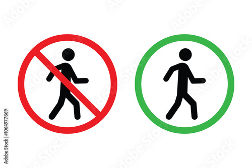 Walk and no walk icon set. Don't walk icons. No entry sign. No pedestrian sign vector.