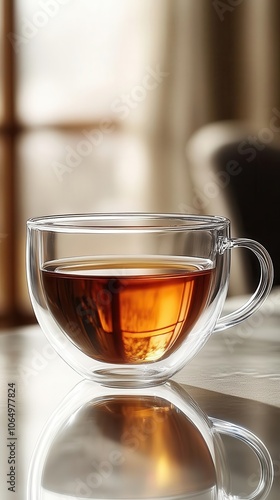 steaming cup of herbal tea earthy tones reflected in glass simple elegance against a pure white backdrop inviting warmth