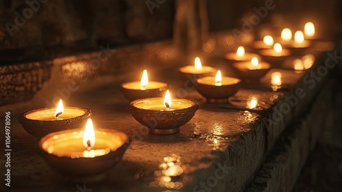 Traditional Diya lamps lit for Diwali celebration.