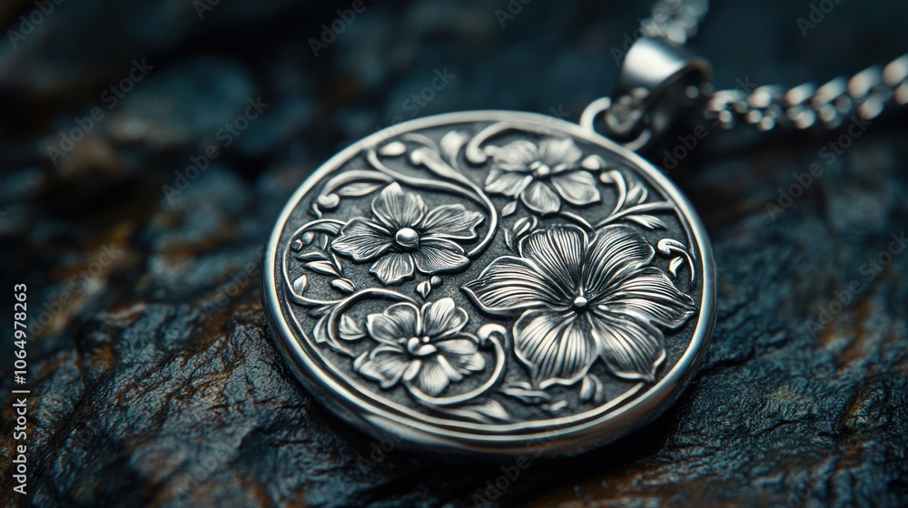 A macro shot of a silver pendant with floral engravings, its fine details and polished finish glowing under soft lighting A macro shot of a silver pendant with floral engravings, its fine details and polished finish glowing under soft lighting