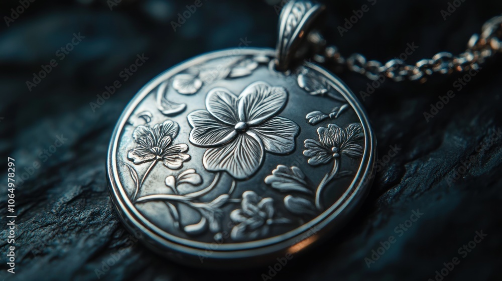 A macro shot of a silver pendant with floral engravings, its fine details and polished finish glowing under soft lighting A macro shot of a silver pendant with floral engravings, its fine details and polished finish glowing under soft lighting