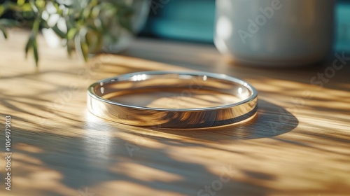 A modern silver cuff bracelet placed on a minimalist wooden surface, its sleek design highlighted by gentle light reflections