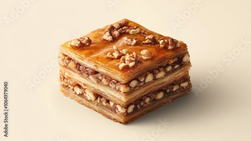 Turkish baklava with layers of nuts and syrup on a plain background.