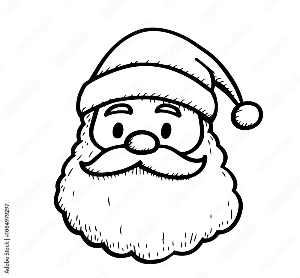 festive Santa Claus portrait in line art, showcasing holiday cheer and traditional Christmas spirit black vector