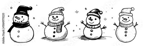 Collection of adorable holiday snowmen with festive expressions – black vector