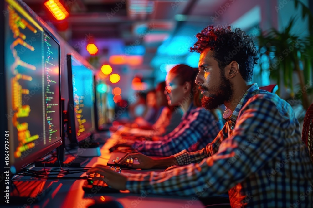 Team of software developers coding in a bright office environment with space for text Team of software developers coding in a bright office environment with space for text