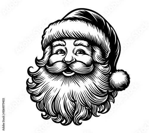 iconic Santa Claus with a jolly expression, designed in a charming hand-drawn style for festive themes black vector