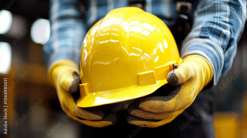 A construction worker holds a bright yellow hard hat with gloves in a workshop during daytime, emphasizing safety at work A construction worker holds a bright yellow hard hat with gloves in a workshop during daytime, emphasizing safety at work