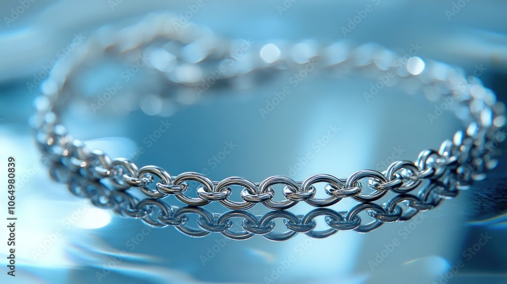 A silver chain bracelet draped gracefully over a reflective glass surface, with light creating intricate reflections on the metal A silver chain bracelet draped gracefully over a reflective glass surface, with light creating intricate reflections on the metal