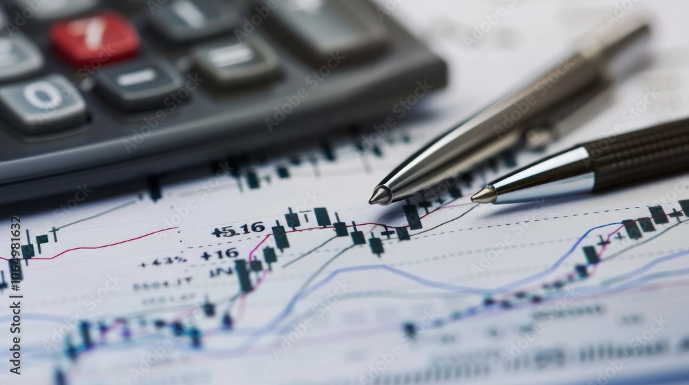 Business concept with charts graphs and macro shot stock chart with calculator and pen exchange Business concept with charts graphs and macro shot stock chart with calculator and pen exchange