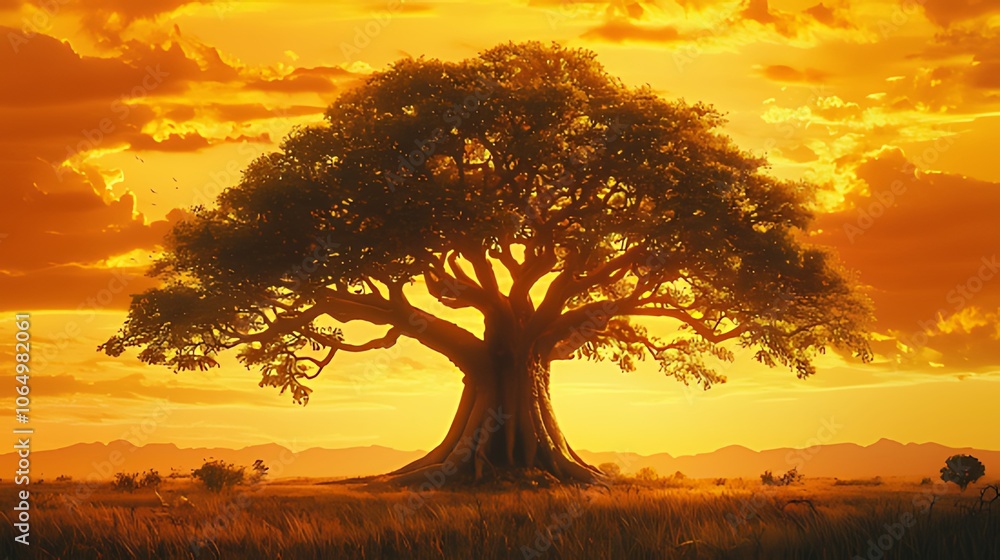 Fototapeta premium A lone tree stands tall against a vibrant orange sunset, casting a long shadow on the grassy savanna.