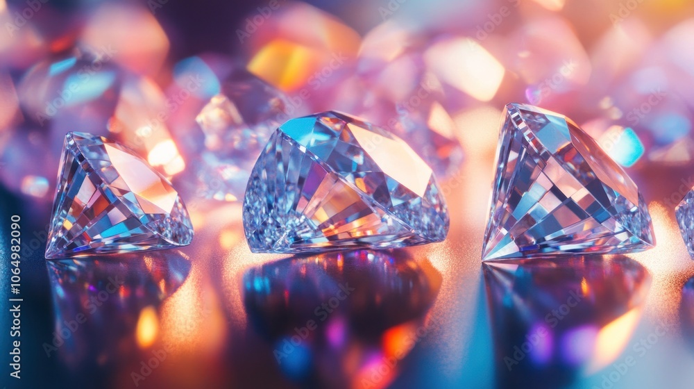 A stunning arrangement of diamonds and crystals laid out on a reflective surface, their reflections blending in a luminous display of light A stunning arrangement of diamonds and crystals laid out on a reflective surface, their reflections blending in a luminous display of light