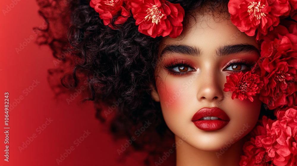 Naklejka premium Beautiful young hispanic latina woman with flowers and petals on her face. Beauty parlor / valentines day horizontal banner concept, copyspace Red background. 