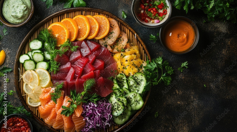 Fresh Tuna Sashimi Platter with Colorful Garnishes Fresh Tuna Sashimi Platter with Colorful Garnishes